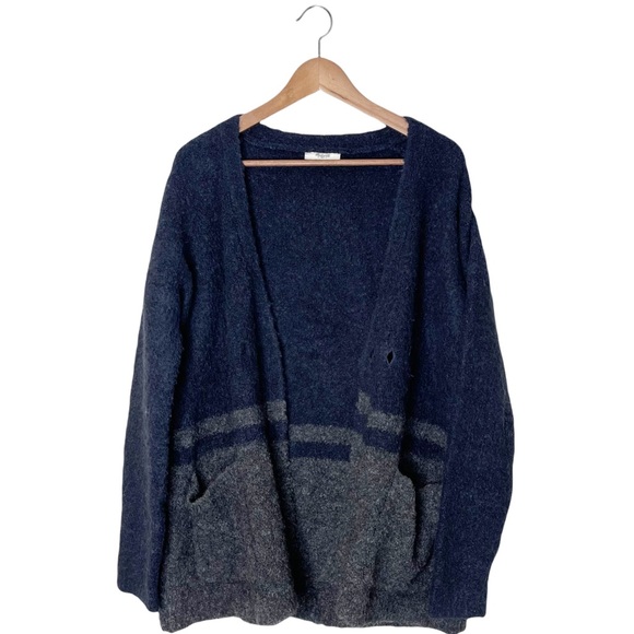 MADEWELL Boucle Wool and Alpaca Blend Blue and Gray Two Button Cardigan - Picture 2 of 15